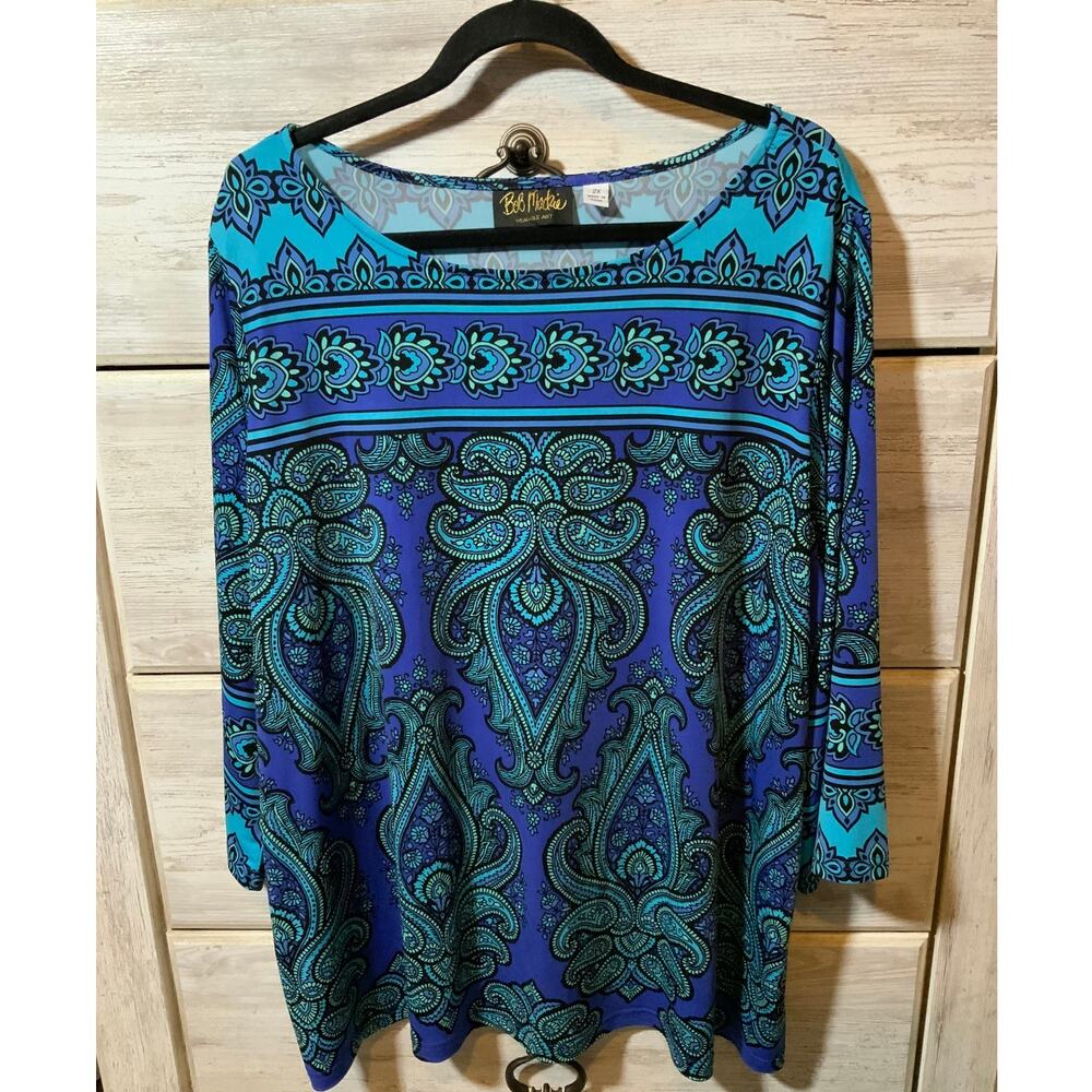 Vintage Bob Mackie Wearable Art Blue Paisley Top 2X Plus Size 70s Style